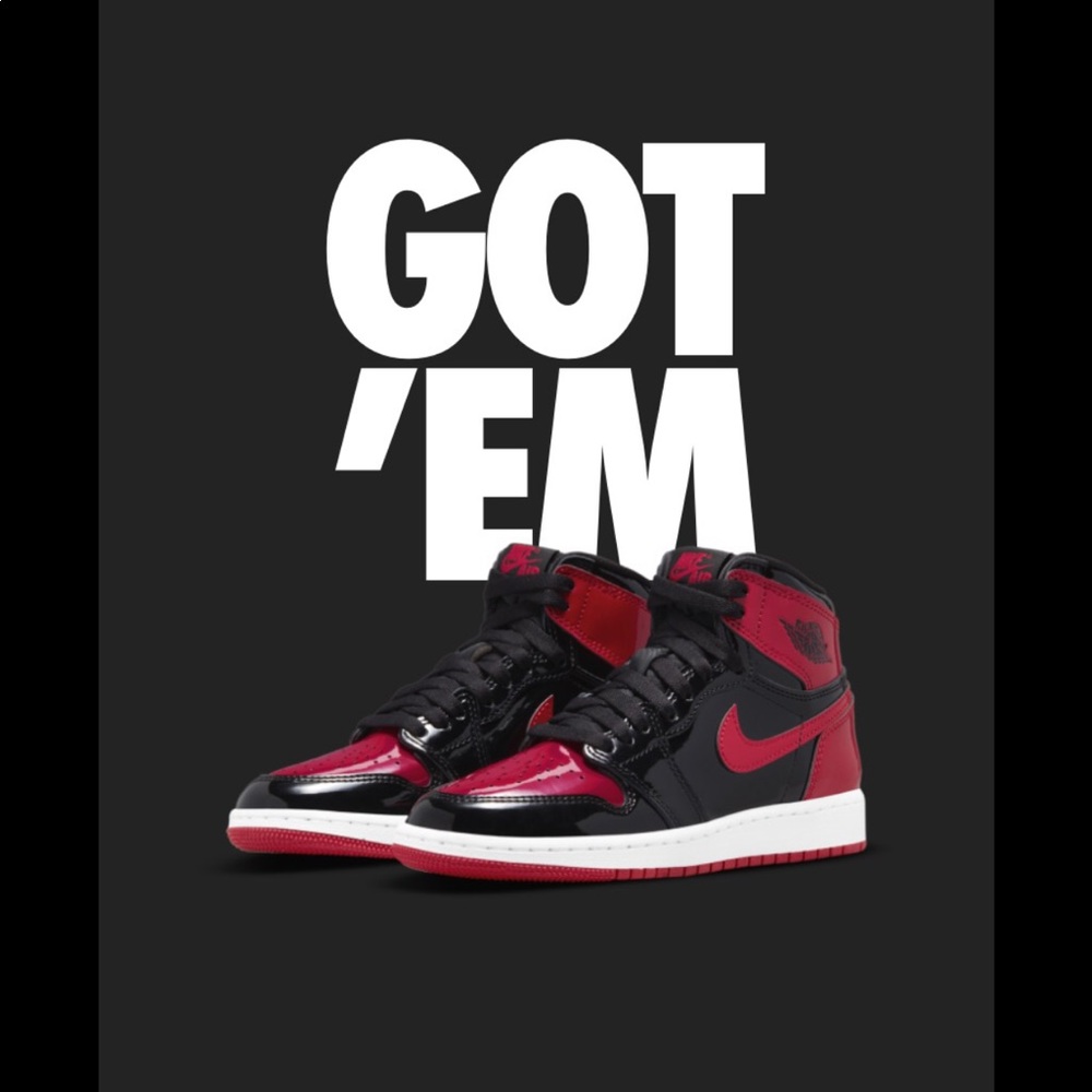 Jordan 1 Retro High OG Patent Bred (GS), women’s 8, 6.5 in men’s